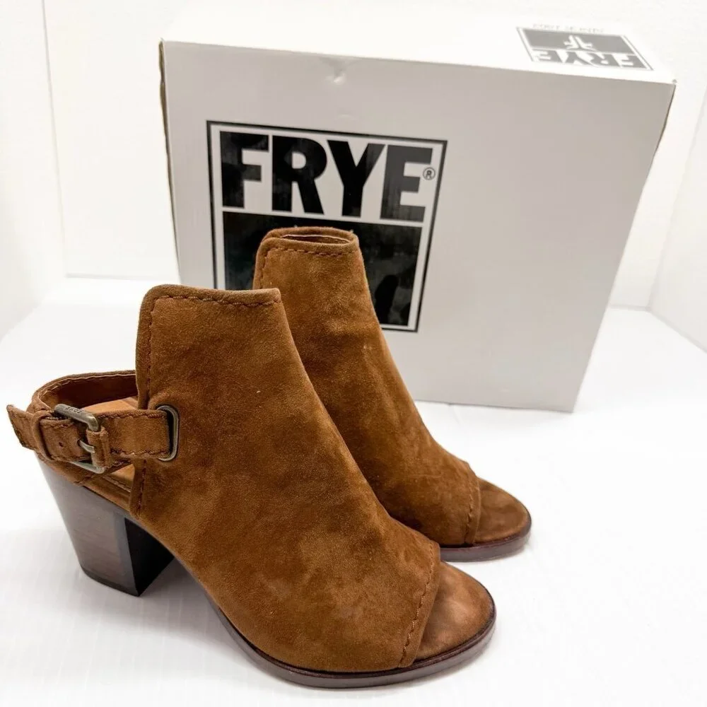 Frye Dani Shield Sling Wood Suede Open Toe Block Heel Booties 6M